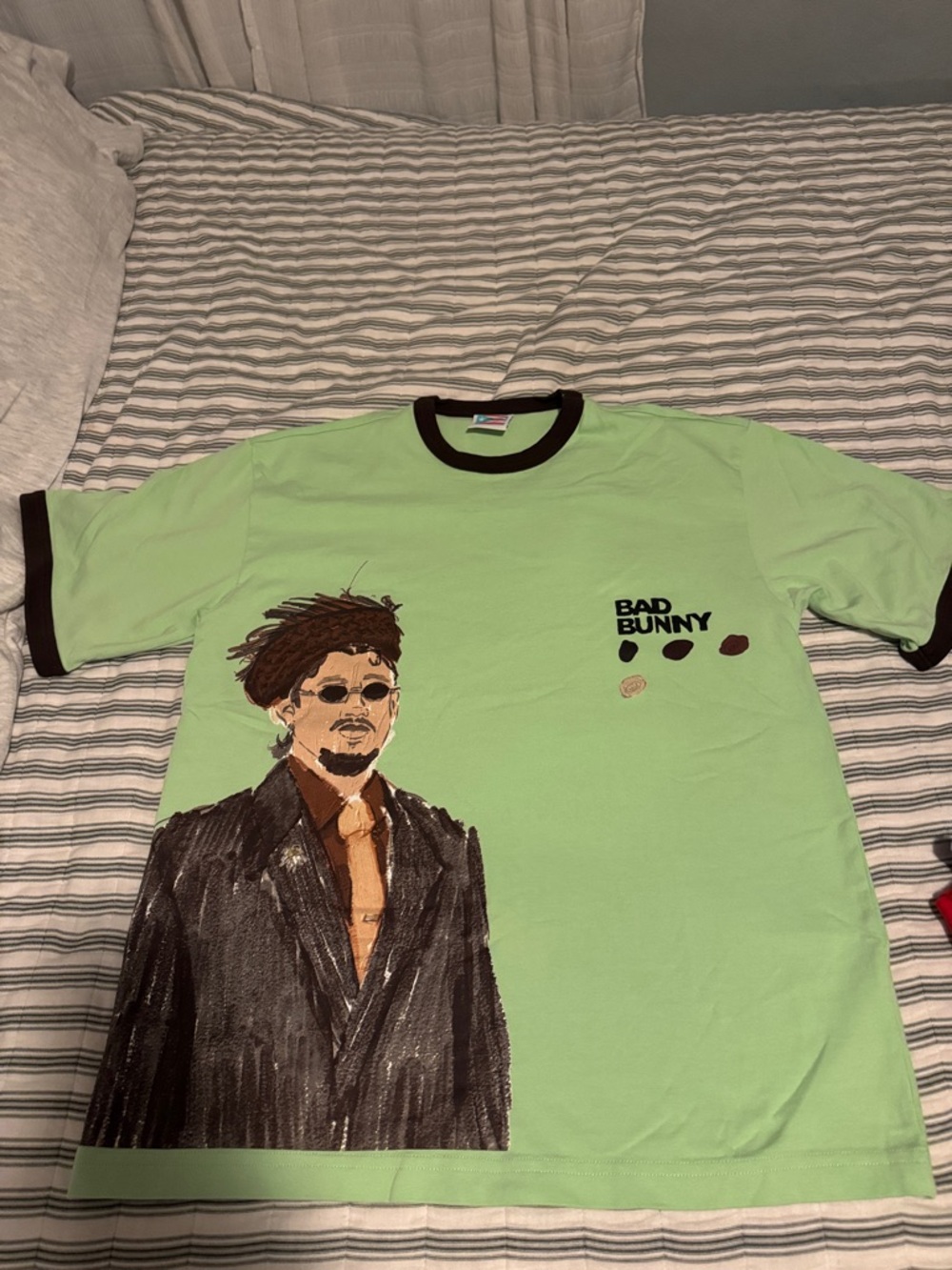 Bad Bunny Light Green Graphic Ringer Tee with Black Trim
